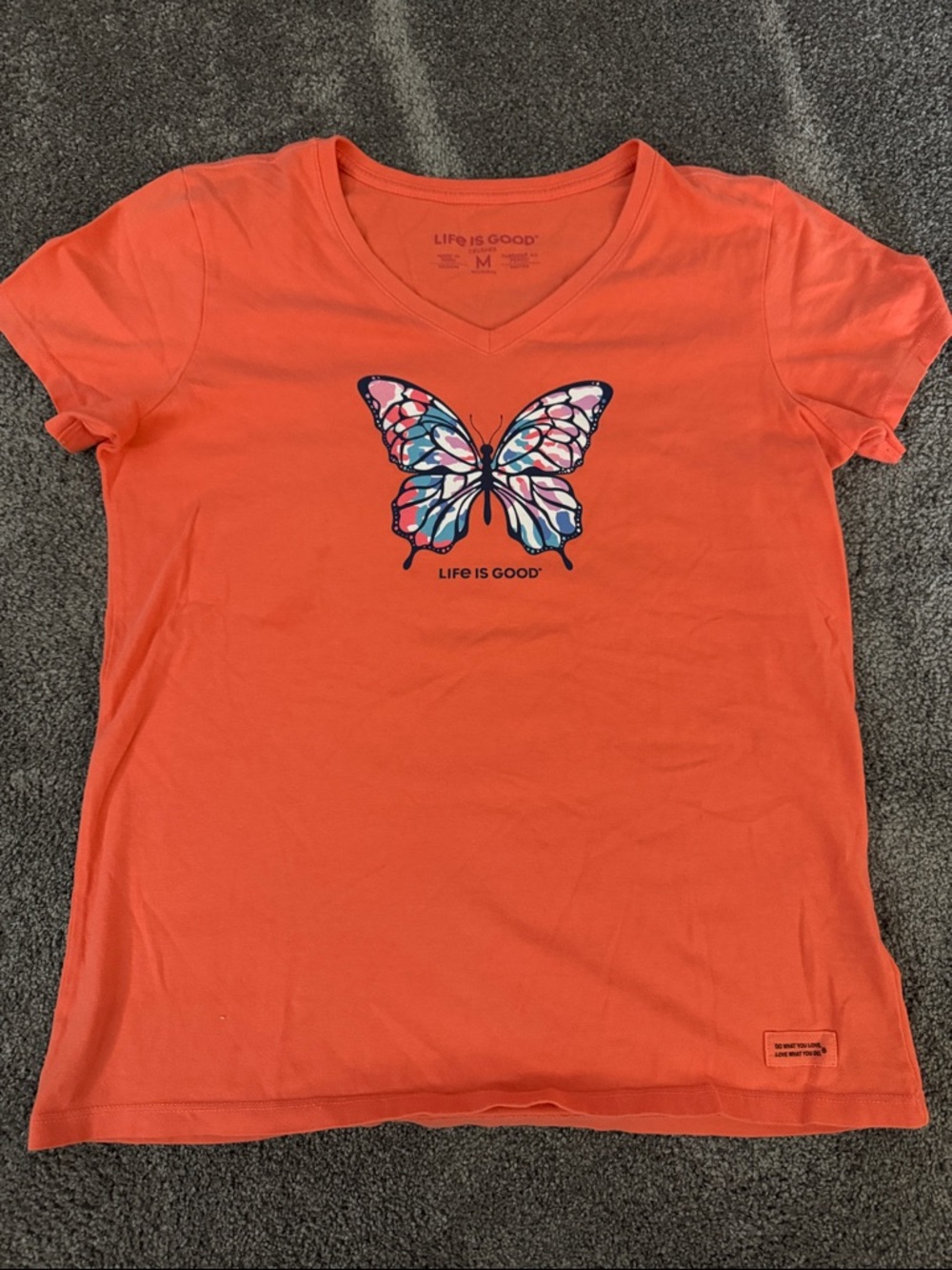 Life Is Good Orange Butterfly V-Neck Shirt Women’s size M